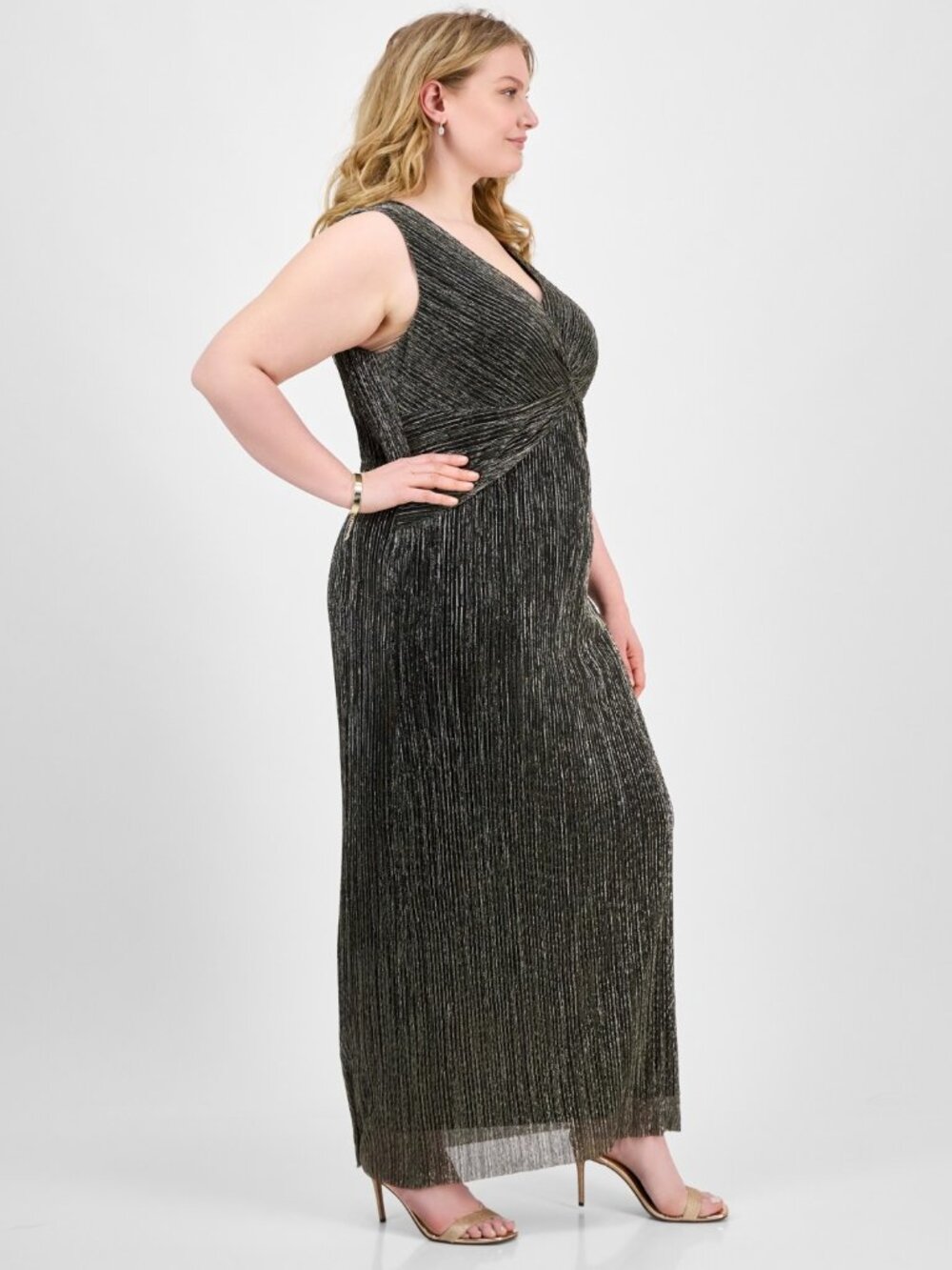 Connected Plus Size Twisted Metallic Jersey Maxi Dress Gold Plus Size 22W NWT - Picture 3 of 7